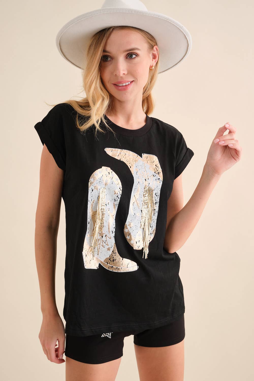 Foil Graphic Fringe Embellish T Shirt: / BLACK GOLD