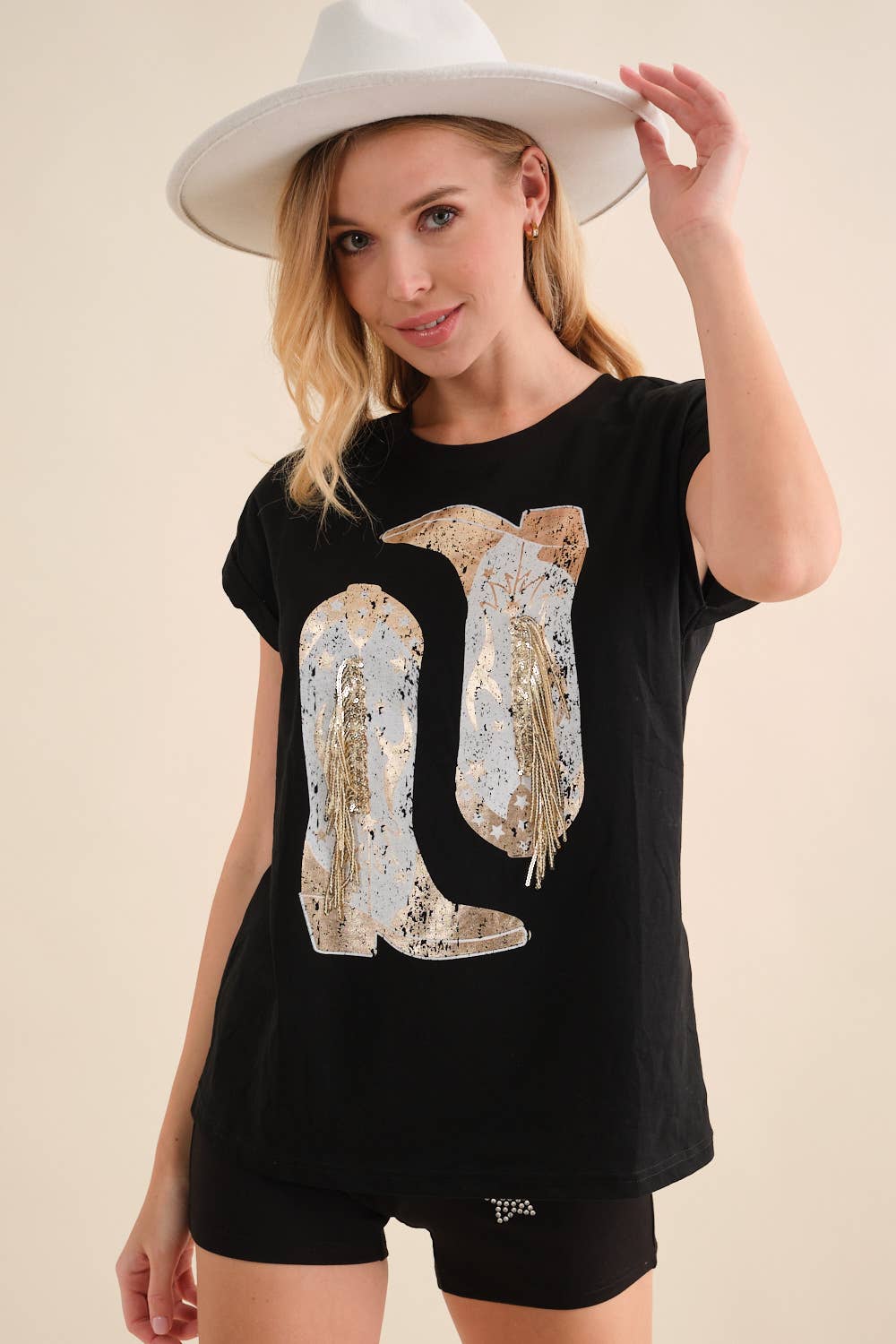 Foil Graphic Fringe Embellish T Shirt: / BLACK GOLD