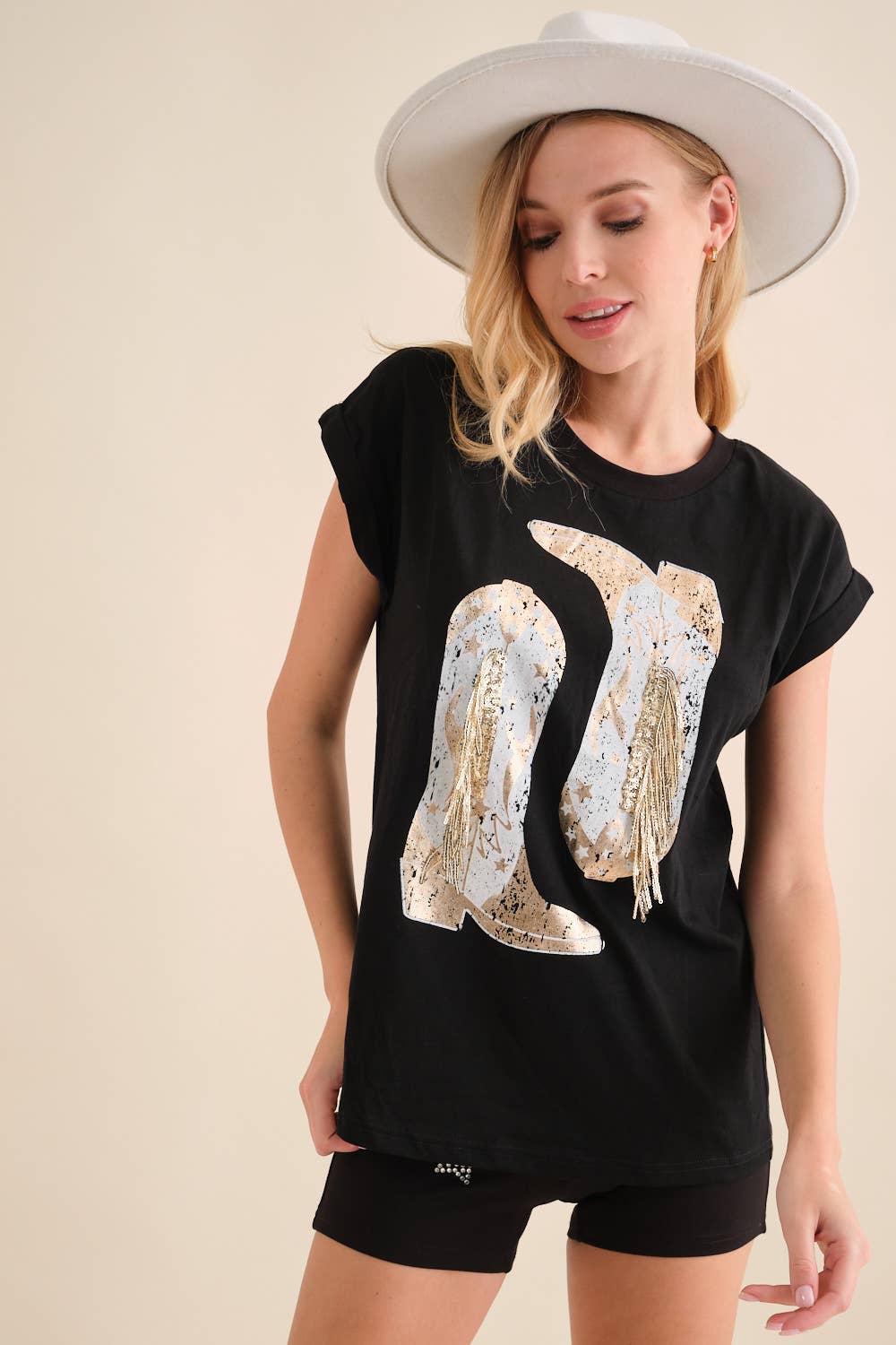 Foil Graphic Fringe Embellish T Shirt: / BLACK GOLD